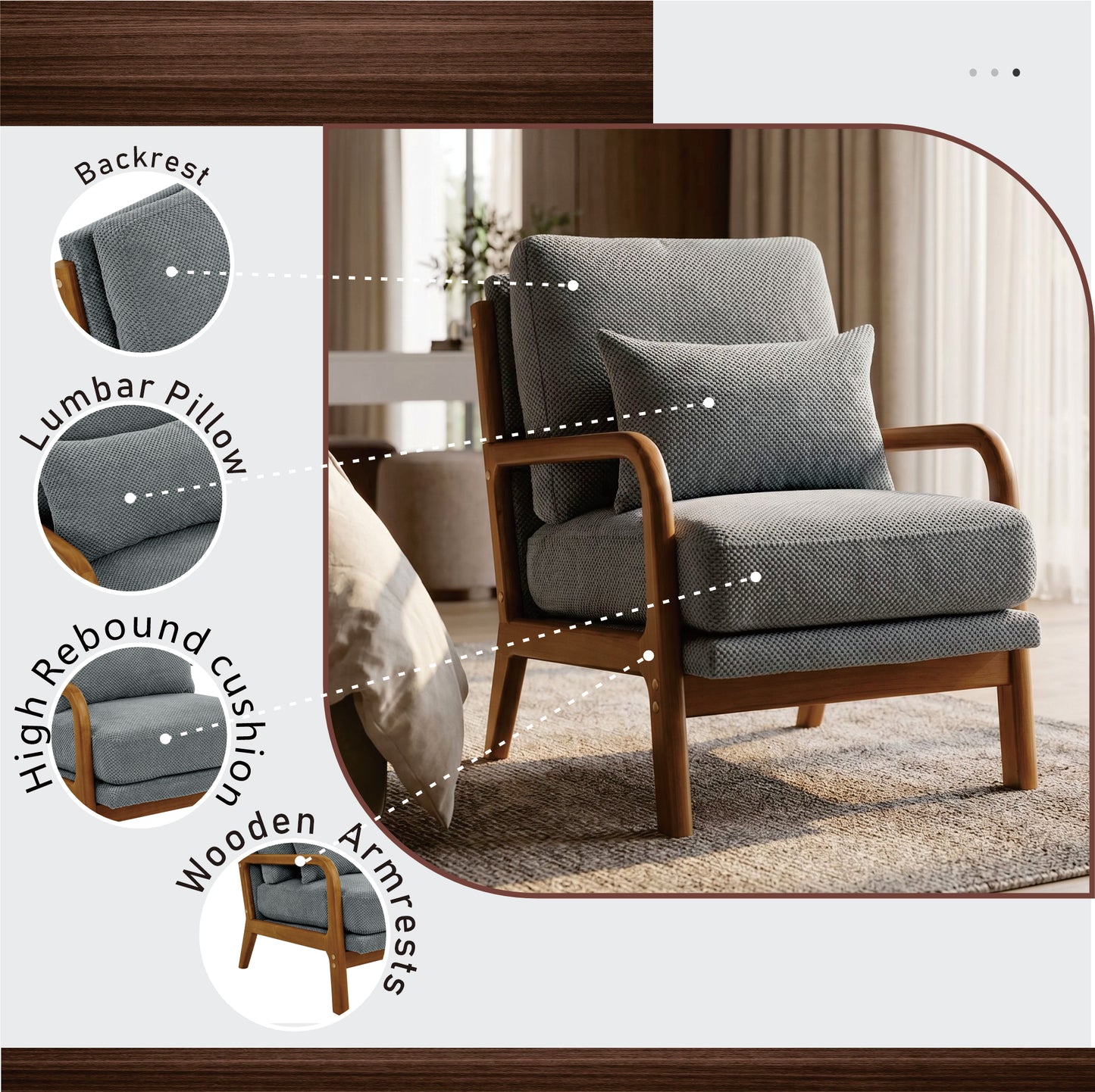 Mid-Century Modern Wooden Lounge Chair - Light Gray Upholstery