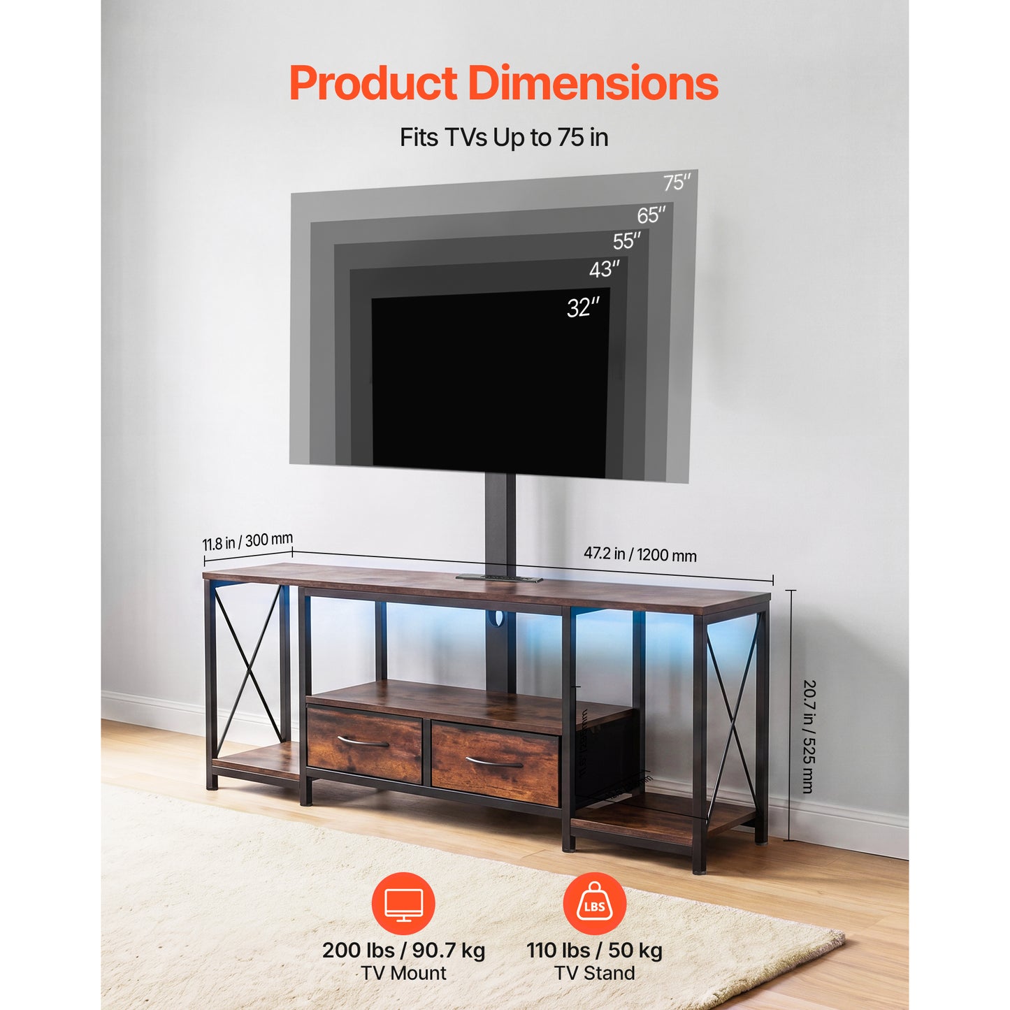 TV Stand with Mount and Power Outlet - 47.2 Inch Rustic Brown Entertainment Console with Storage Drawers and LED Lights for 32-75 Inch TVs