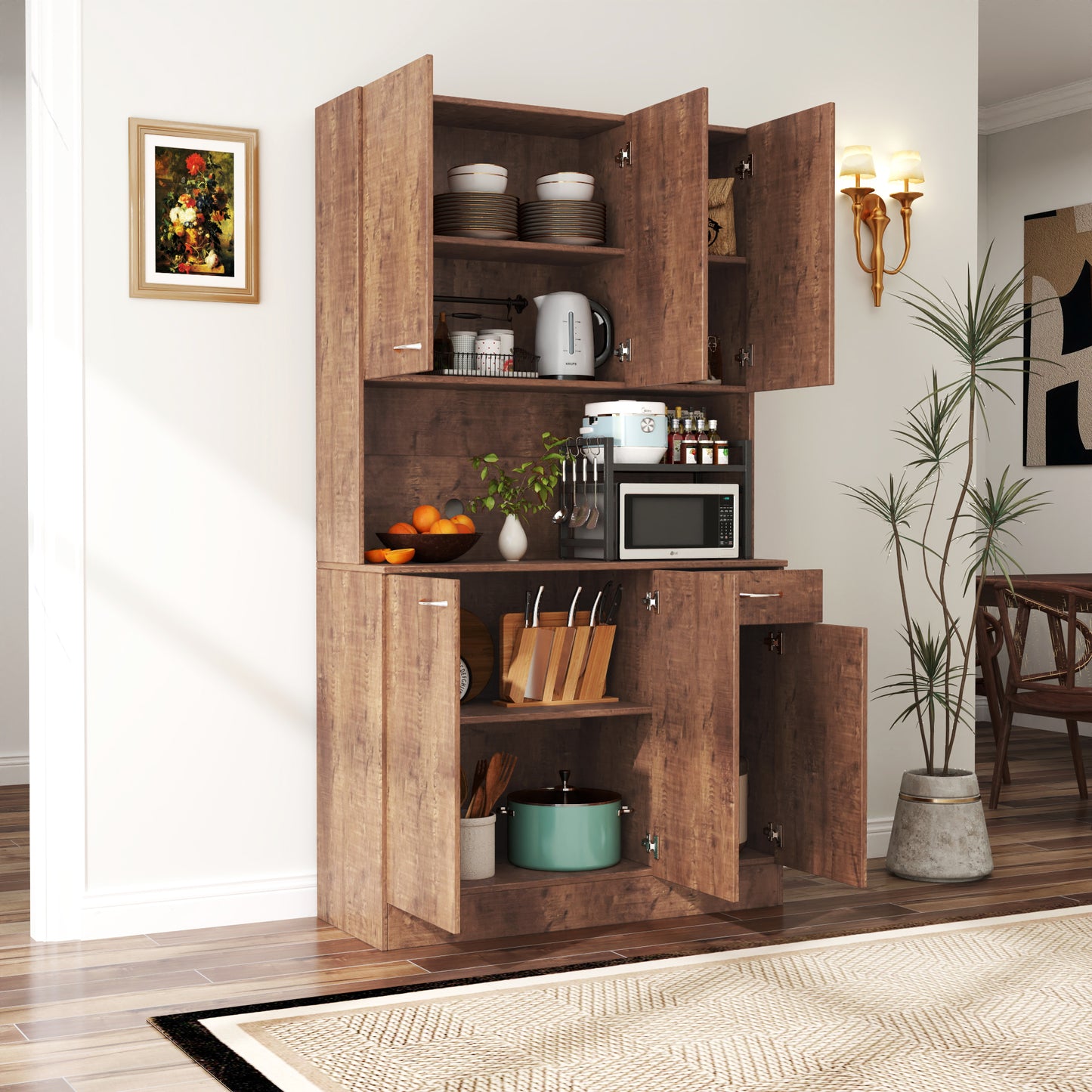 70.87" Tall Wardrobe & Kitchen Cabinet with 6 Doors, Open Shelf & Drawer - Walnut