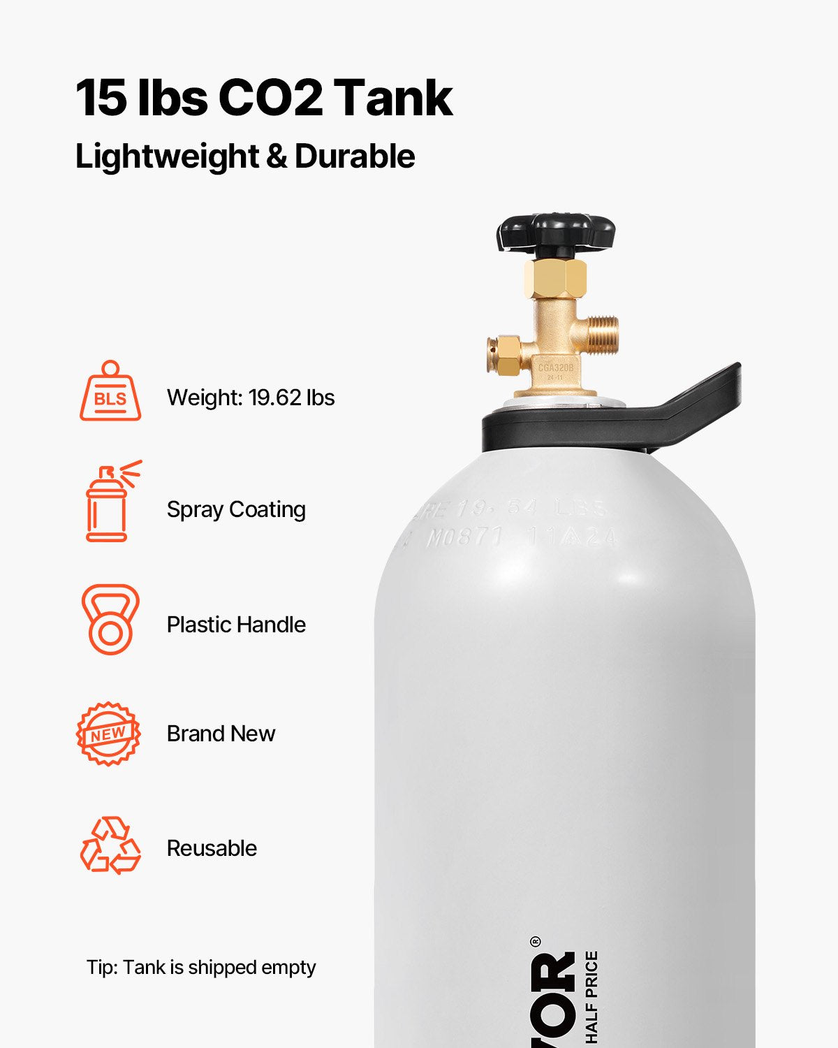 15 lbs CO2 Tank - Lightweight Aluminum Cylinder with CGA320 Valve