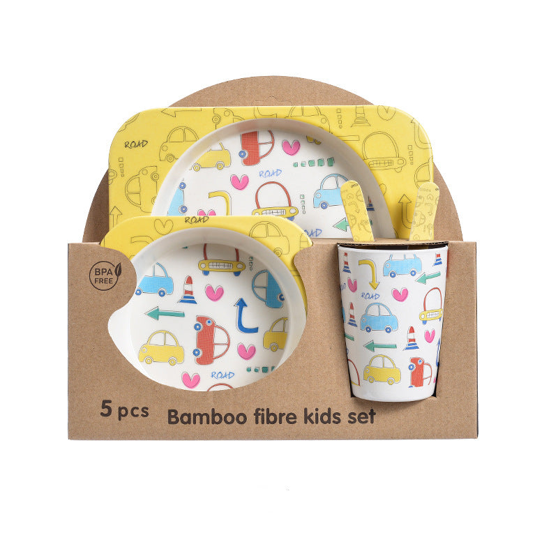 Baby Bamboo Tableware Set 5pcs - Cartoon Childrens Dinnerware for Kids