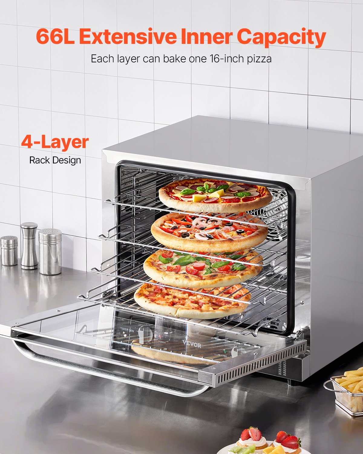 66L Commercial Countertop Oven - 2800W Electric Stainless Steel Toaster