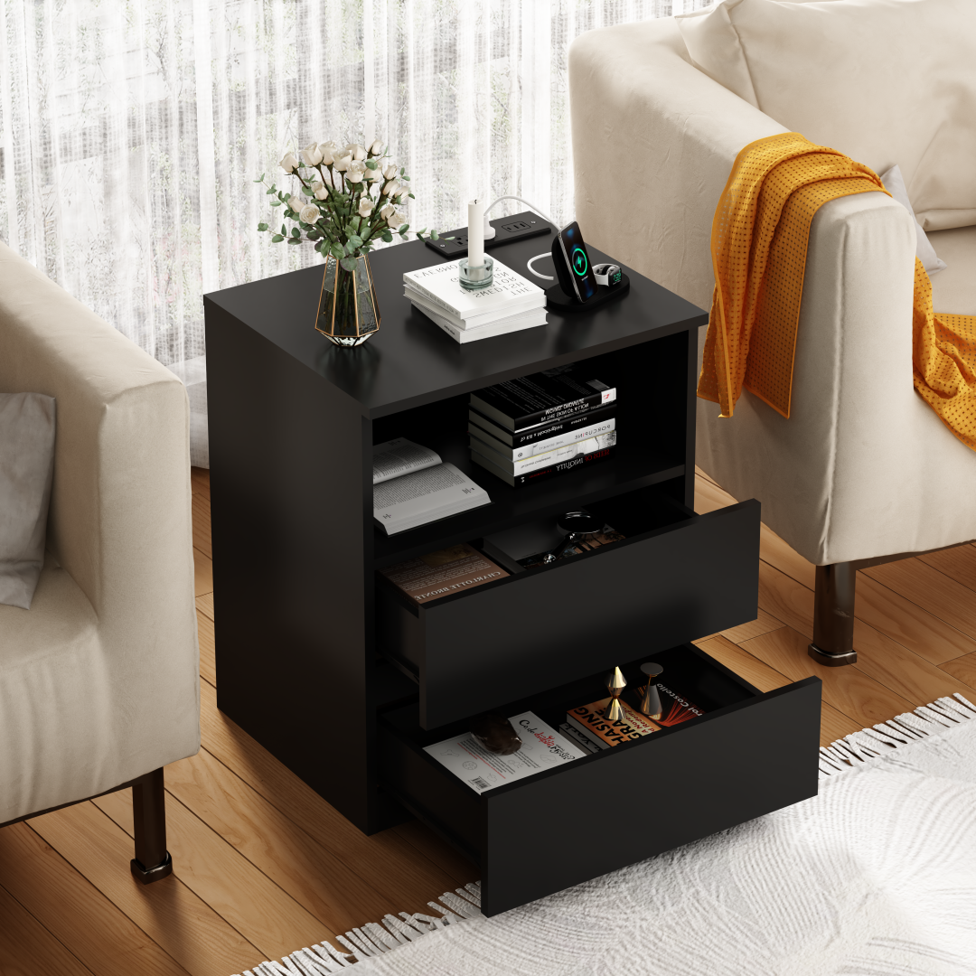 Set of 2 Modern End Tables with USB Charging Station & Drawers - Black