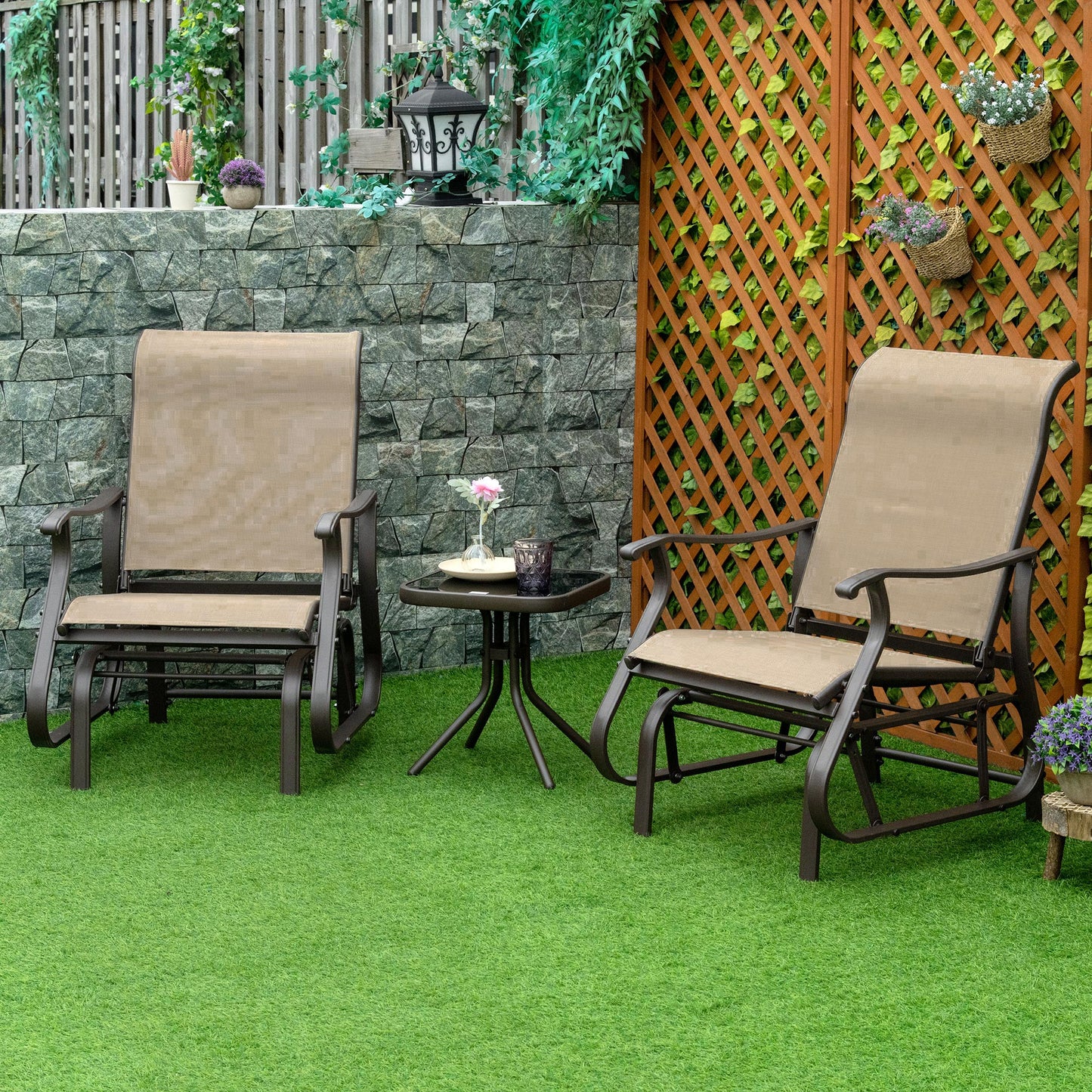 Outdoor Gliding Chairs Set with Table - Durable Gray Rocking Chairs