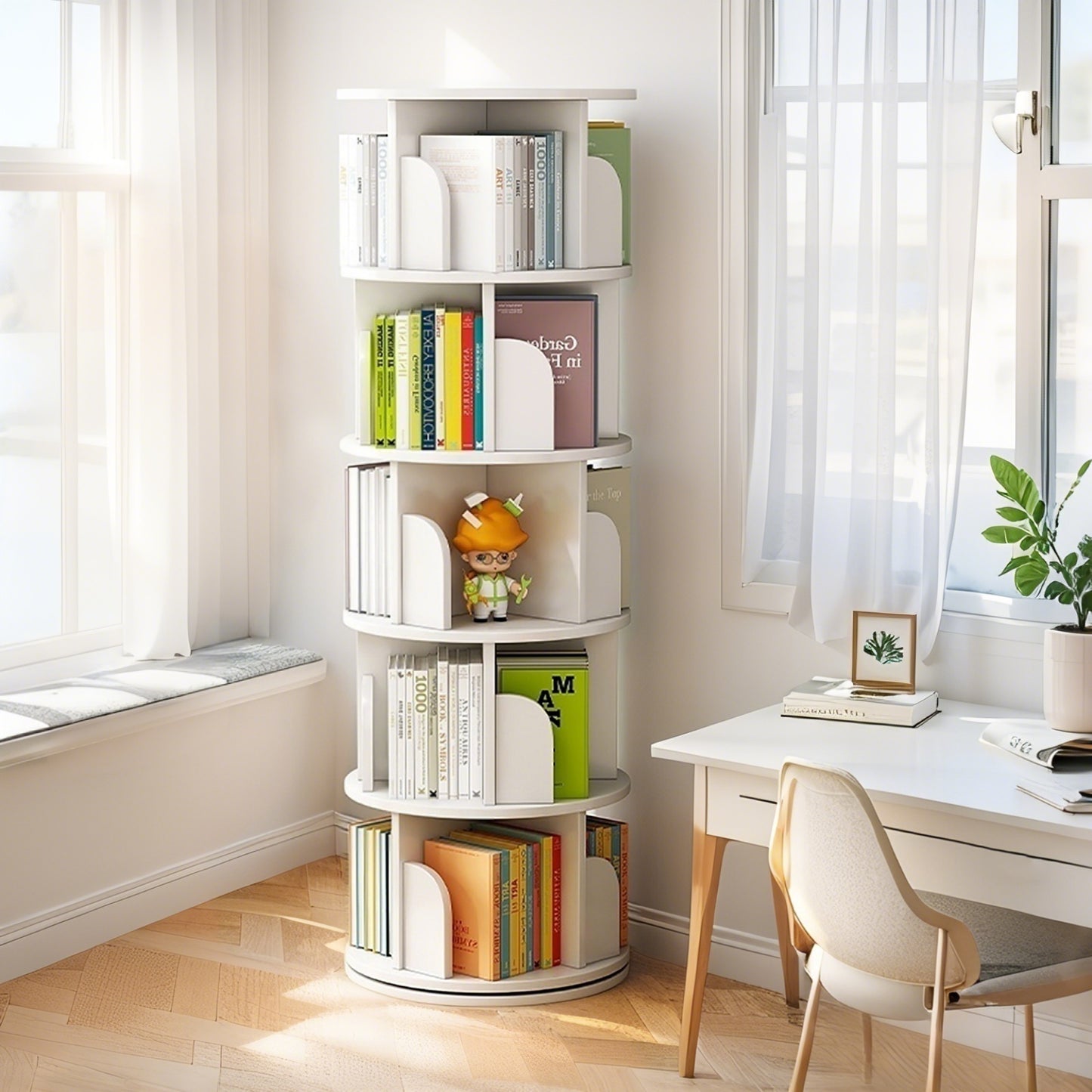 5 Tier Rotating Bookshelf, Display Round Spinning Space-Saving, Small