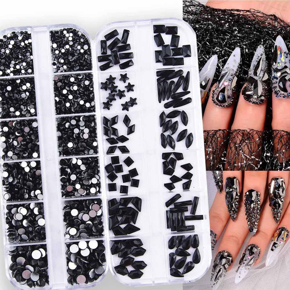 12-Grid Crystal Nail Art Decoration Set - Water Drop & Heart Shapes