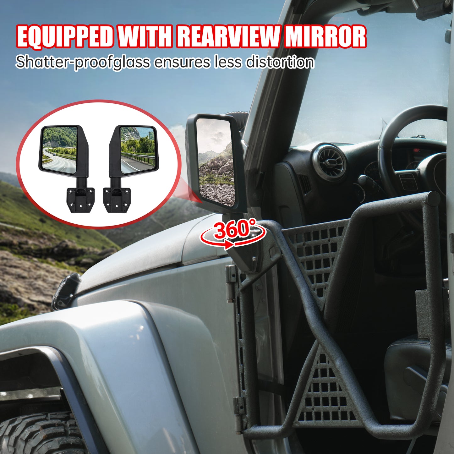 Tube Doors with Rearview Mirror for 2007-2017 Jeep Wrangler JK JKU - Black