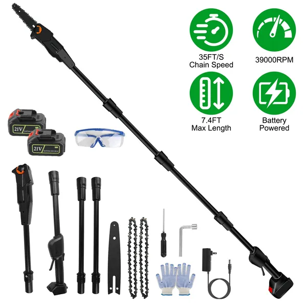 Cordless Pole Saw 7.4Ft Extendable Chainsaw with 2 Batteries for Tree Trimming