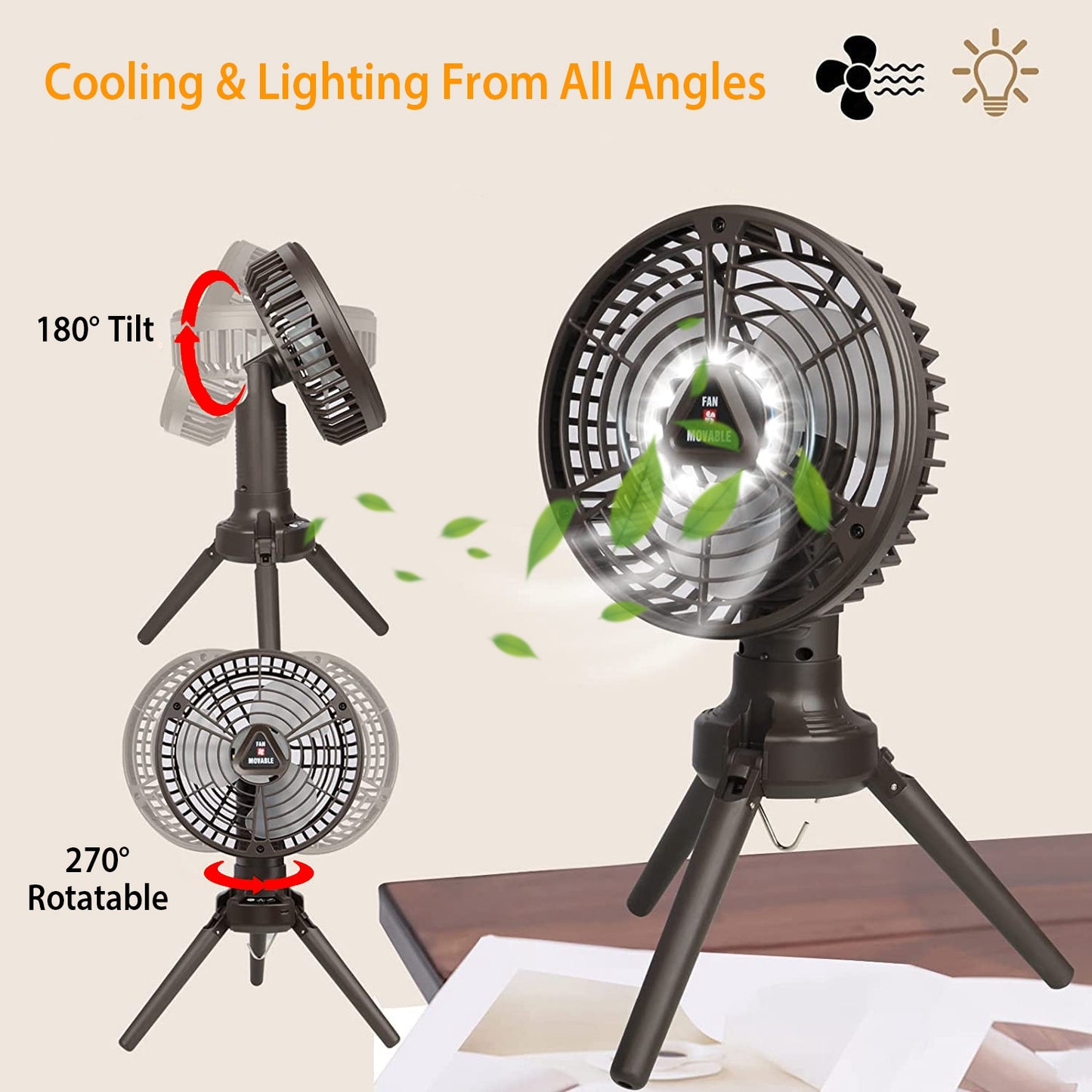 10400mAh Portable Camping Fan with LED Light - Black