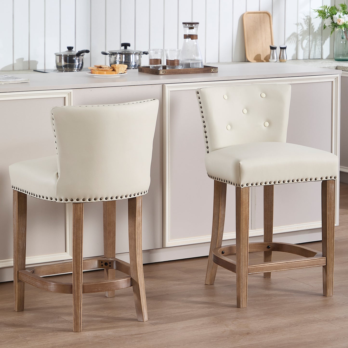 Beige Leather Bar Stools - Fixed Height Dining Chairs (2pc)