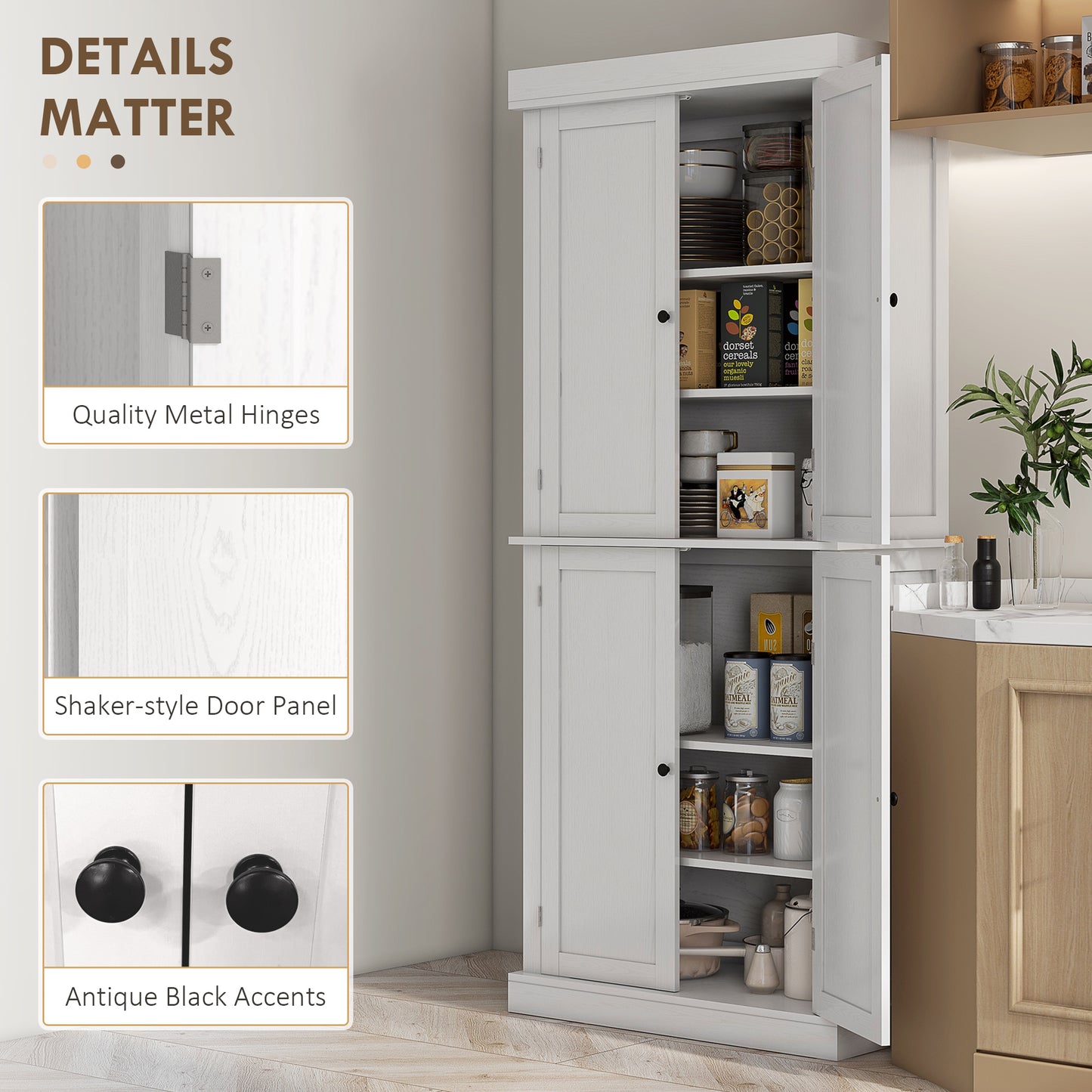 72" Freestanding Kitchen Storage Cabinet with Doors & Shelves - White Wood Grain