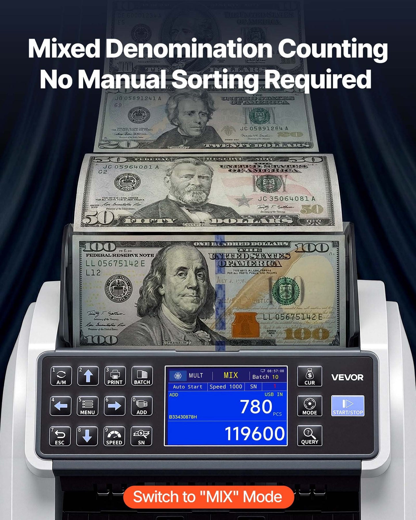 Digital Money Counter Machine with Multi-Currency & Counterfeit Detection - Black