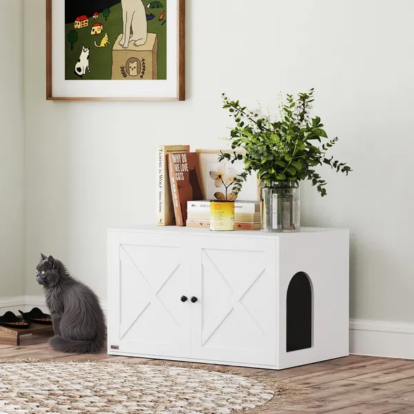 Cat Litter Box Enclosure with Barn Door and Cat Hole - White Pet House & Hidden Cat Bathroom
