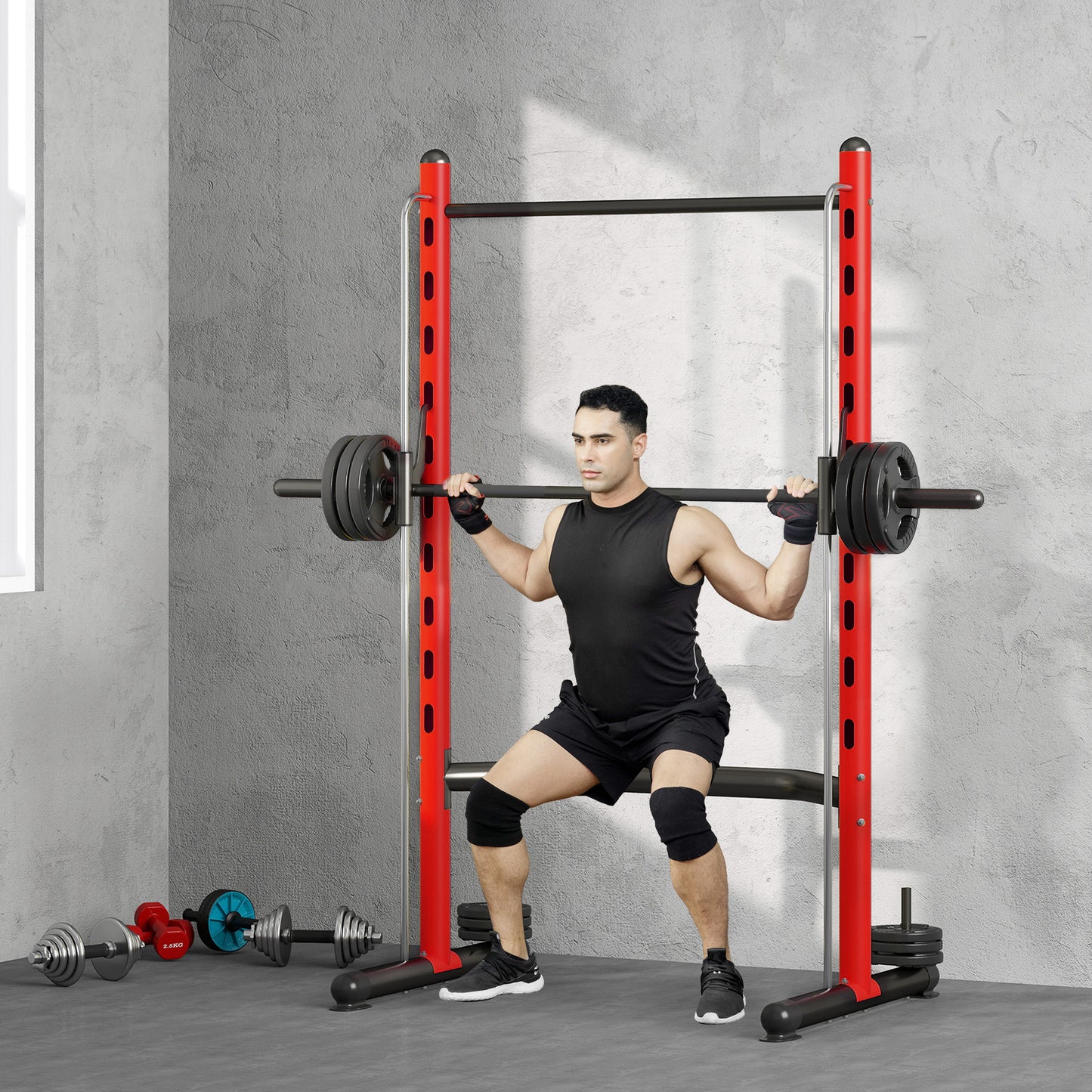 Adjustable Squat Rack with Pull-Up Bar & Barbell Storage - Red