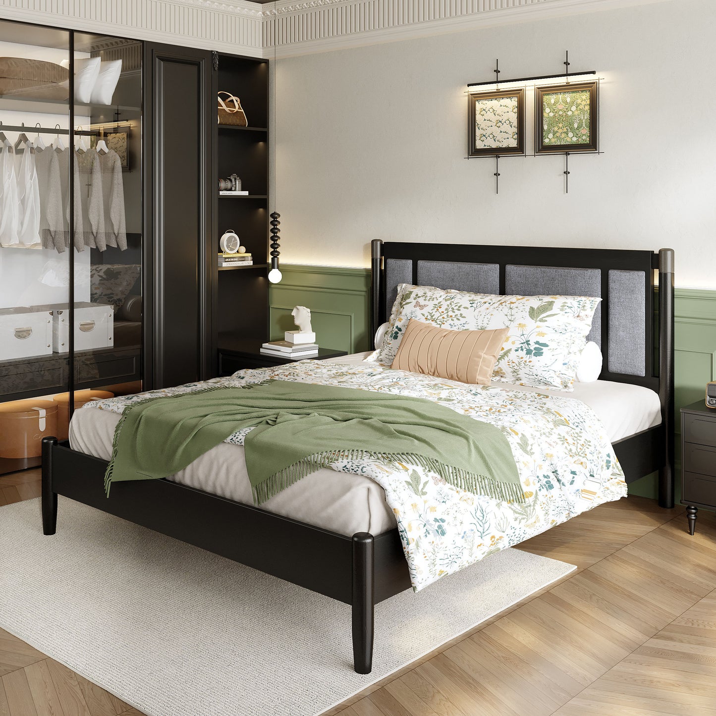 Solid Wood Queen Bed with Upholstered Headboard - Heavy Duty Support