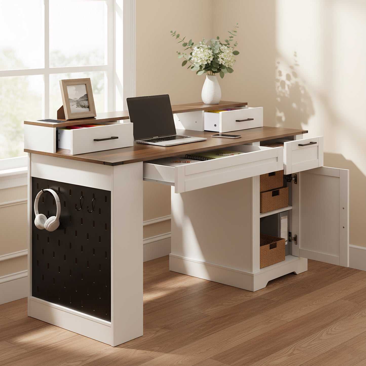 55" Farmhouse Office Desk with Storage & Charging Station - White