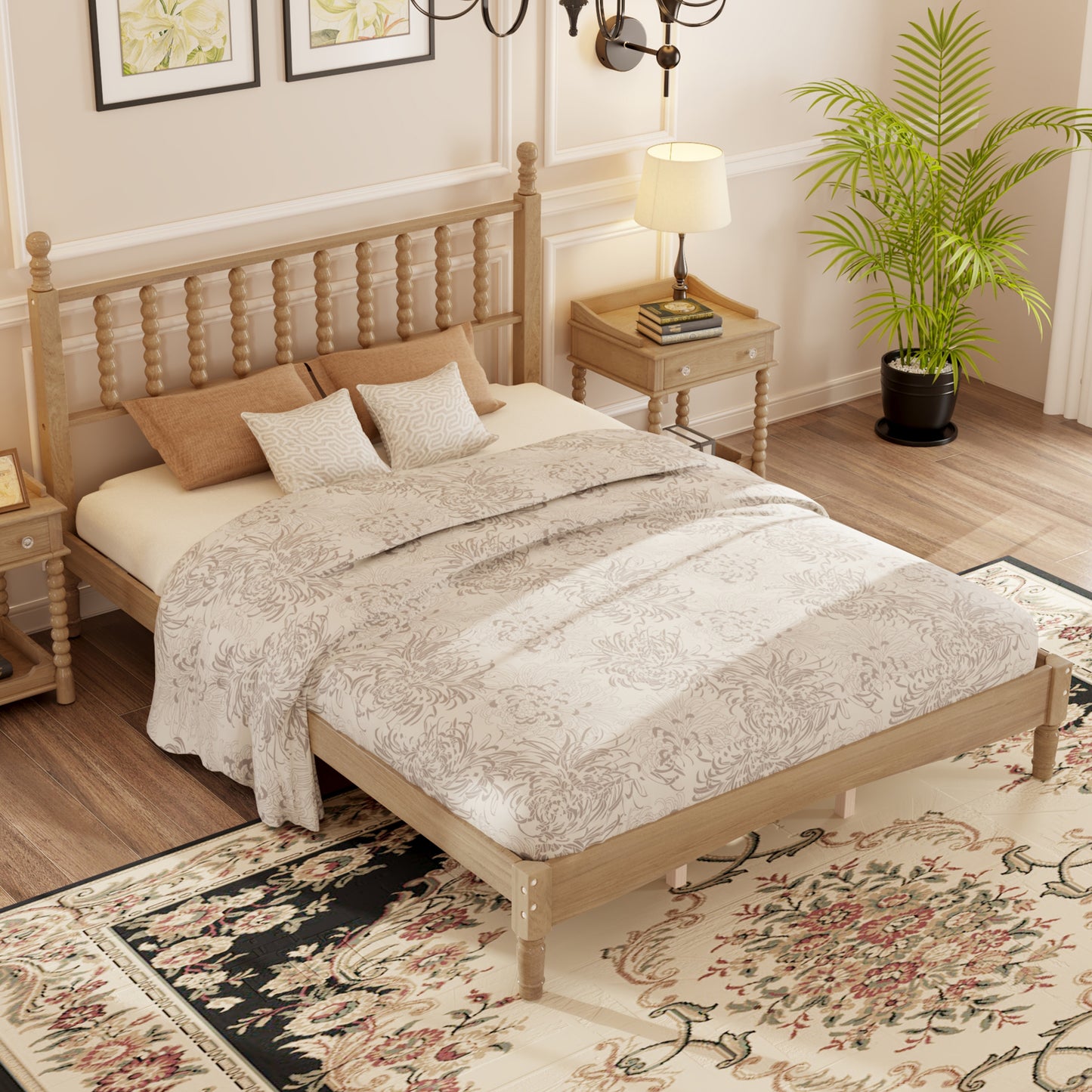 Queen Size Wood Platform Bed With Gourd Shaped Headboard,Retro Style