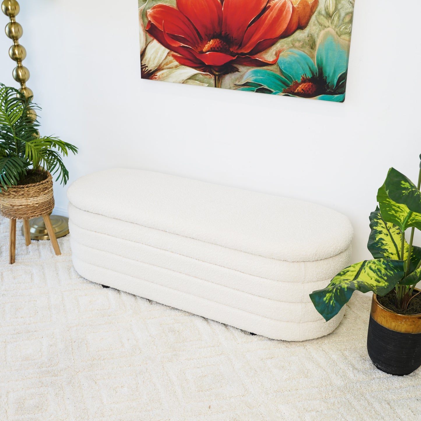 Cabana White Boucle Bench W Storage