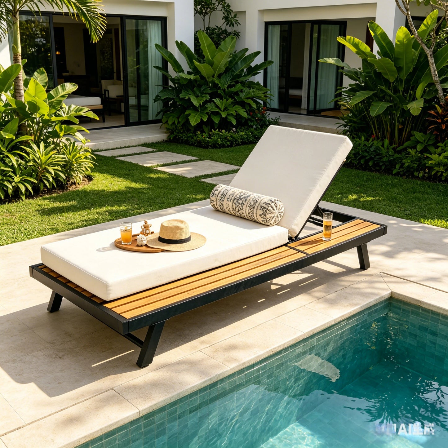 Chaise Lounge Set - Black Iron & Teak Finish with Cream Cushion