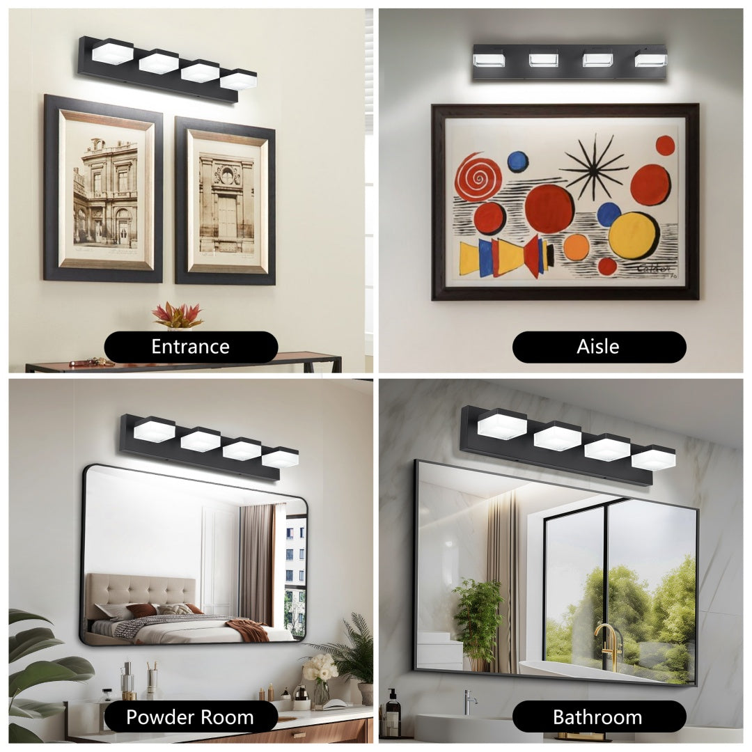 Dimmable Black Bathroom Vanity Light Fixture - 4 Lights, 24W LED