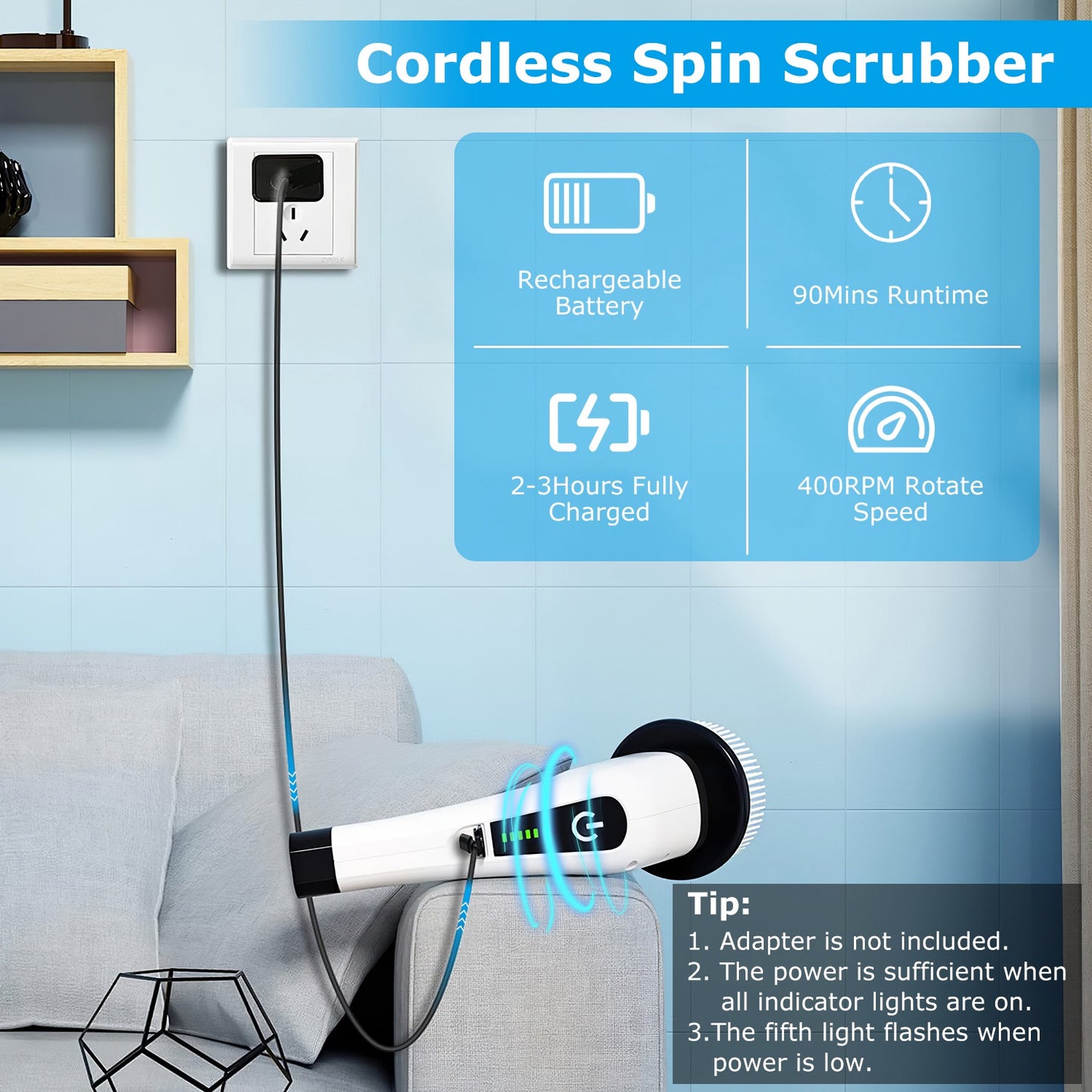 Electric Spin Scrubber Cordless Rechargeable Bathroom & Tile Cleaner with 8 Replaceable Heads