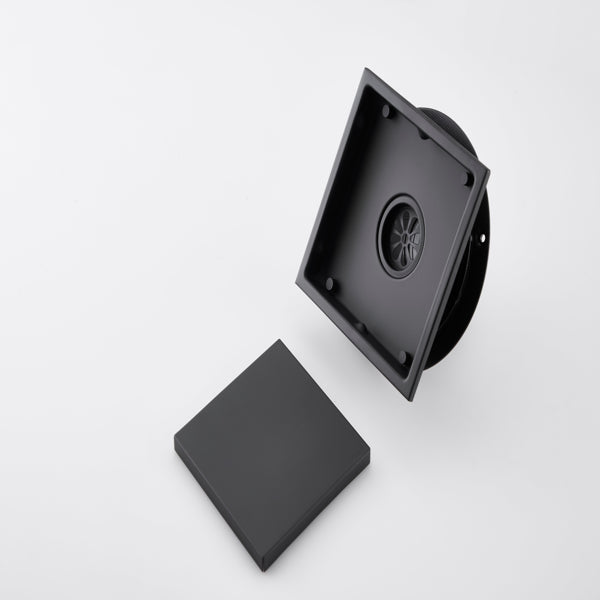 6-Inch Square Shower Drain with Removable Cover & Hair Strainer - Matte Black Stainless Steel