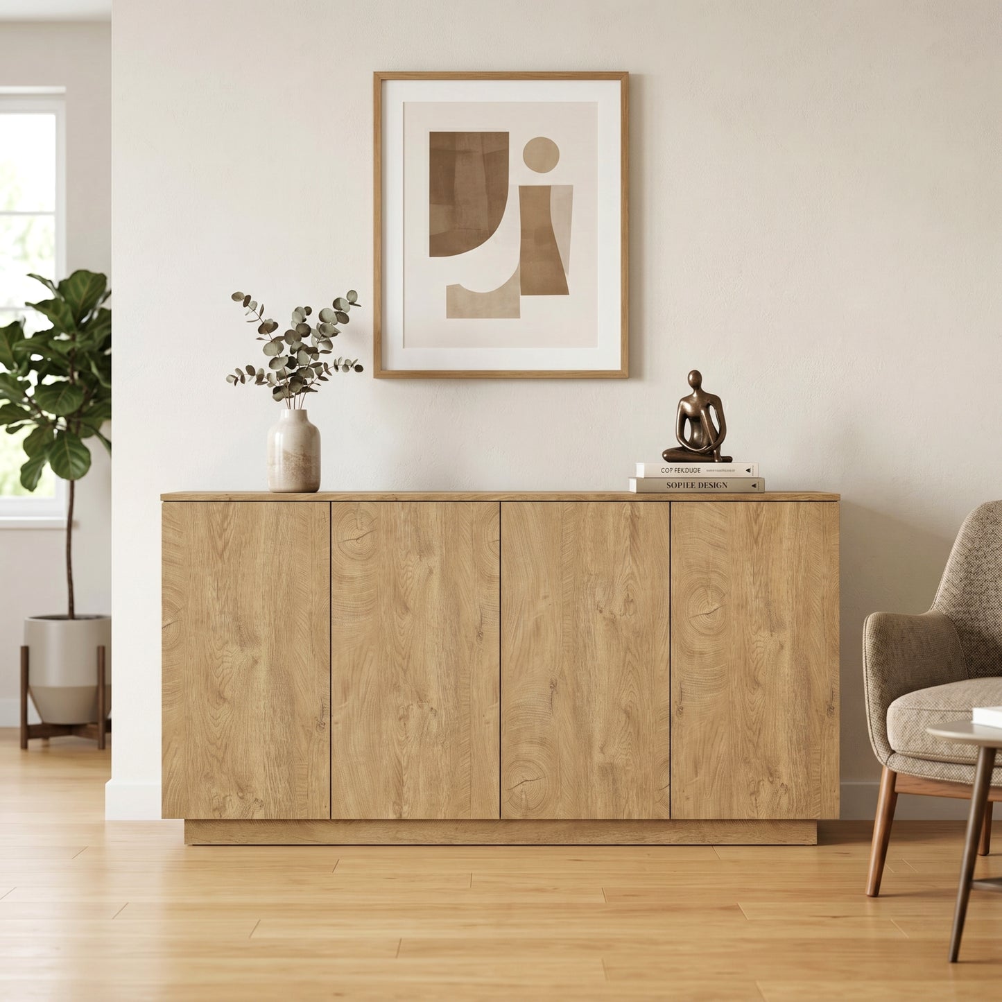 Natural Wood Sideboard Buffet Cabinet with 4 Doors & Adjustable Shelves