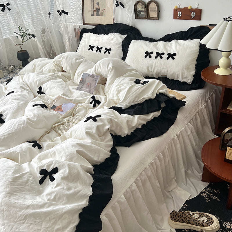 Cream Ins Girl Bow Lace Cotton Bedding Set - Multiple Sizes & Patterns