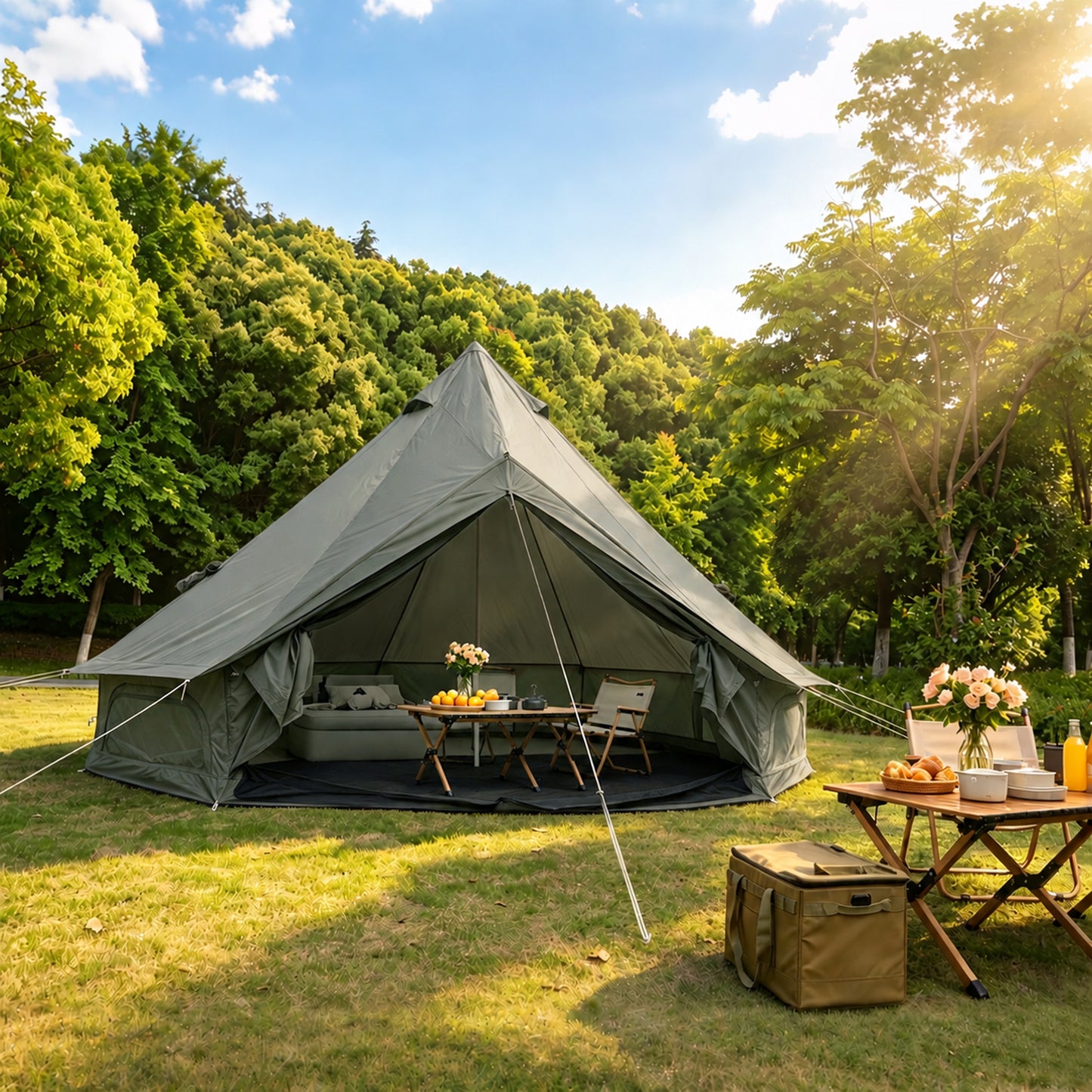 Spacious 13.1ft Oxford Bell Tent - 4-8 Person Glamping Shelter - Dark Green