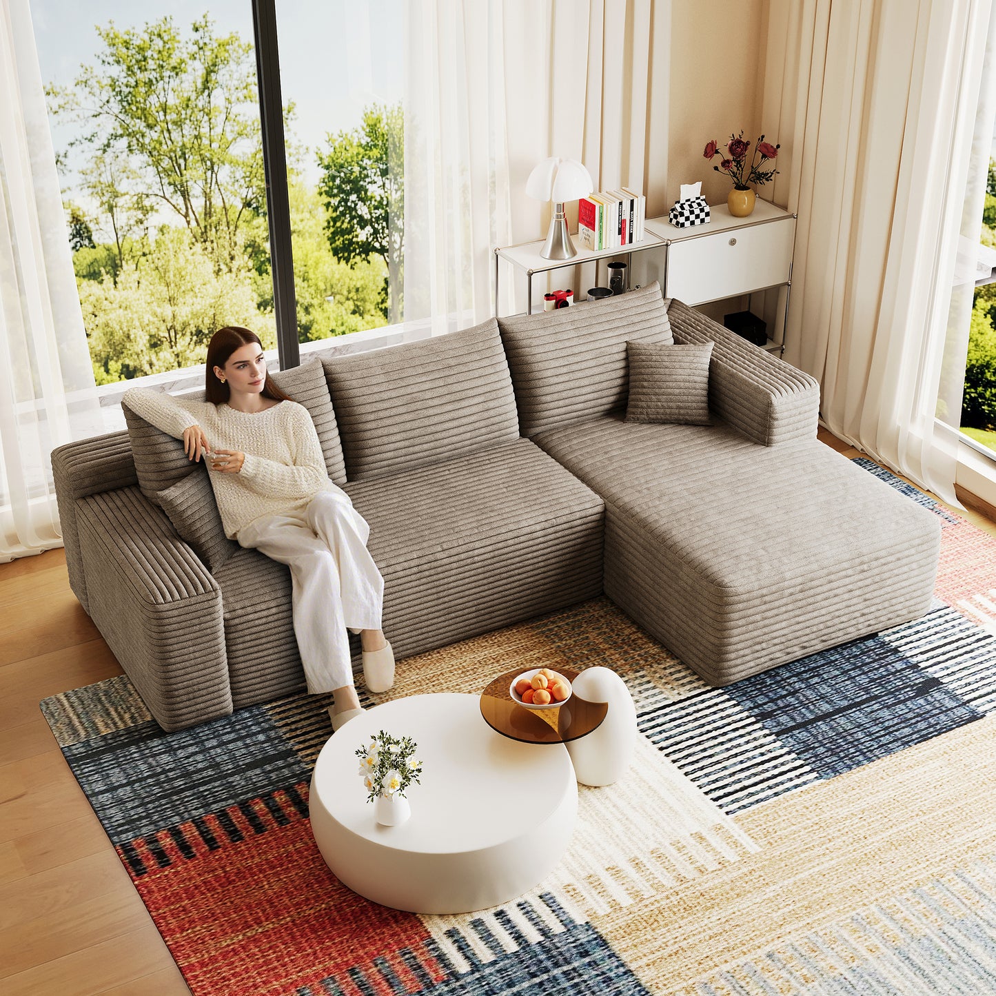 95" Cloud Sectional Sofa - Modern U-Shaped Couch in Camel Plush