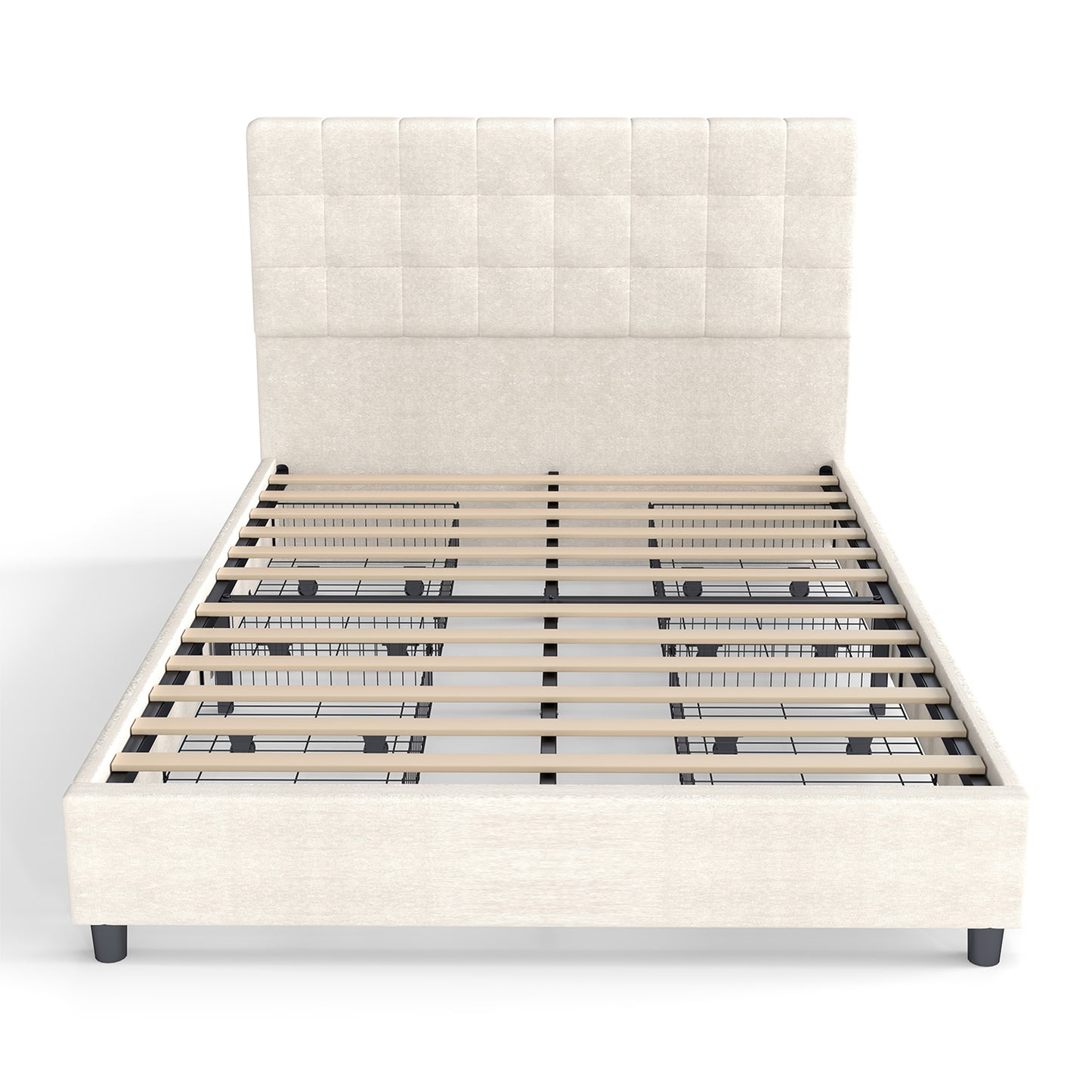 Bed Frame Upholstered Vertical Channel Headboard With 4 Storage