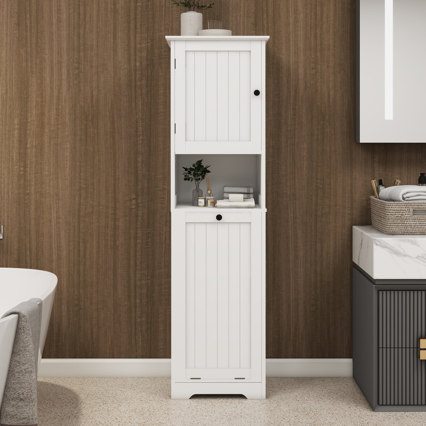 One-Door Tilt-Out Laundry Sorter Cabinet - White MDF
