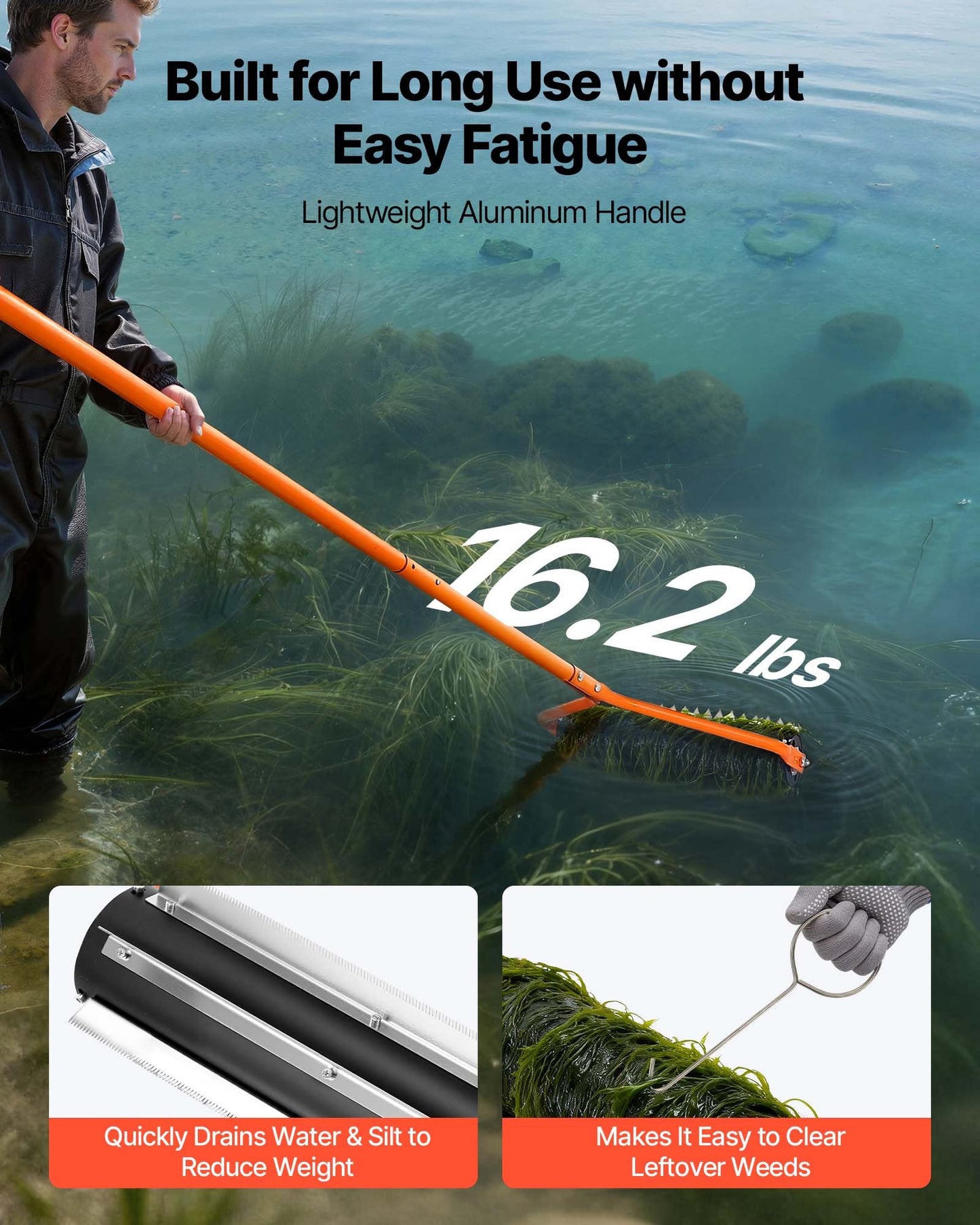 Lake Weed Roller with Stainless Steel Blades & Adjustable Aluminum Handle - Pond & Lake Weed Removal Tool