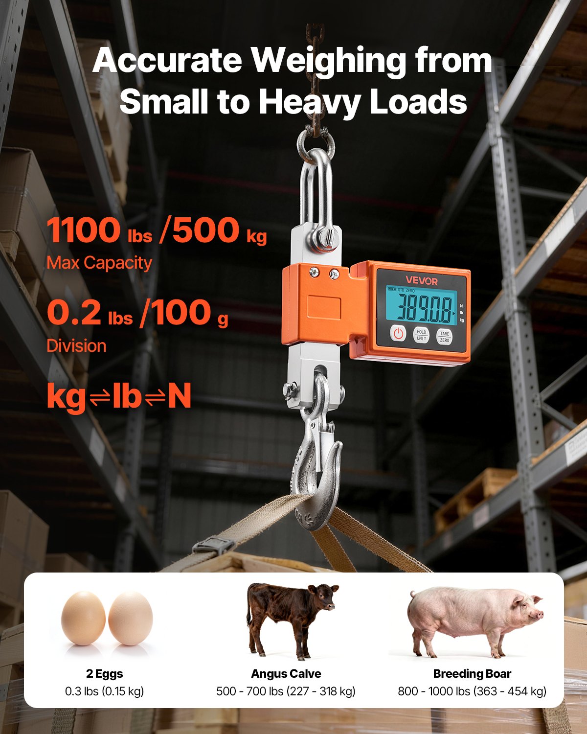 Heavy Duty Digital Crane Scale 1100 Lb / 500 Kg with LCD Display & Auto-Off