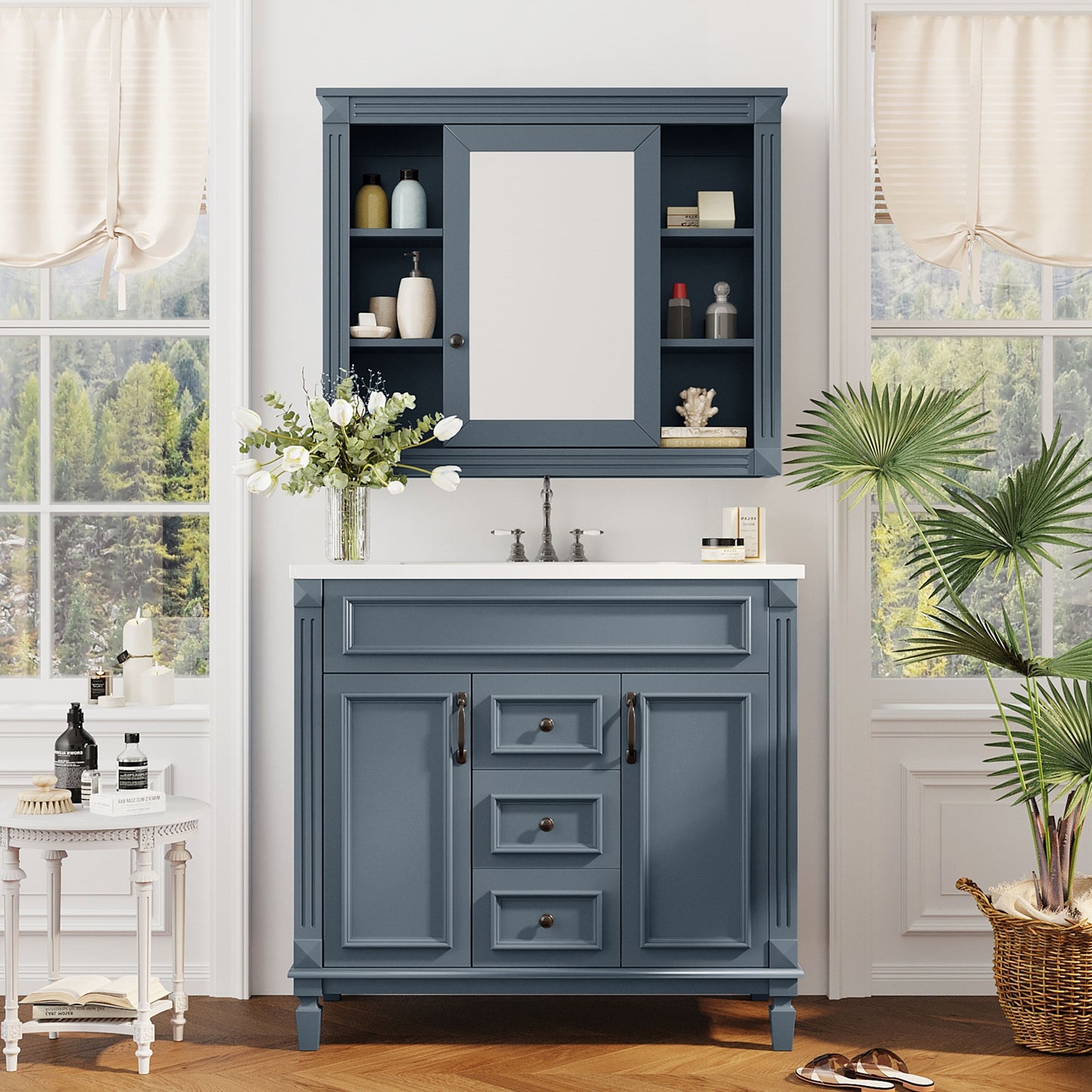 36'' Modern Bathroom Vanity with Blue Sink & Mirror Cabinet