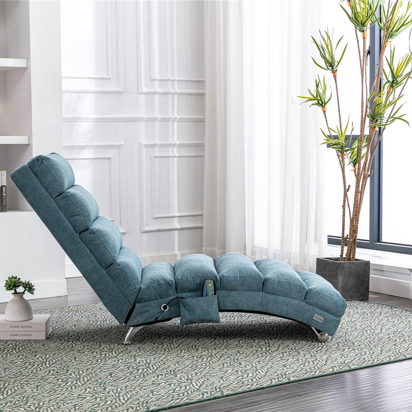 Luxury Upholstered Chaise Lounge Chair with Vibration - Blue