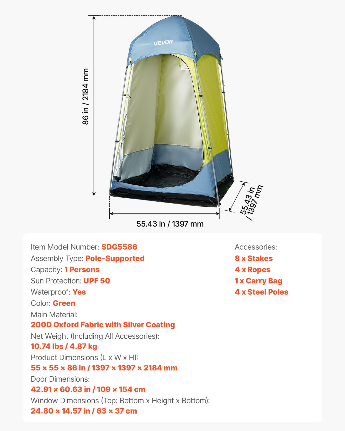 Portable Camping Shower Tent with Ground Stakes & Ropes - Waterproof Privacy Shelter