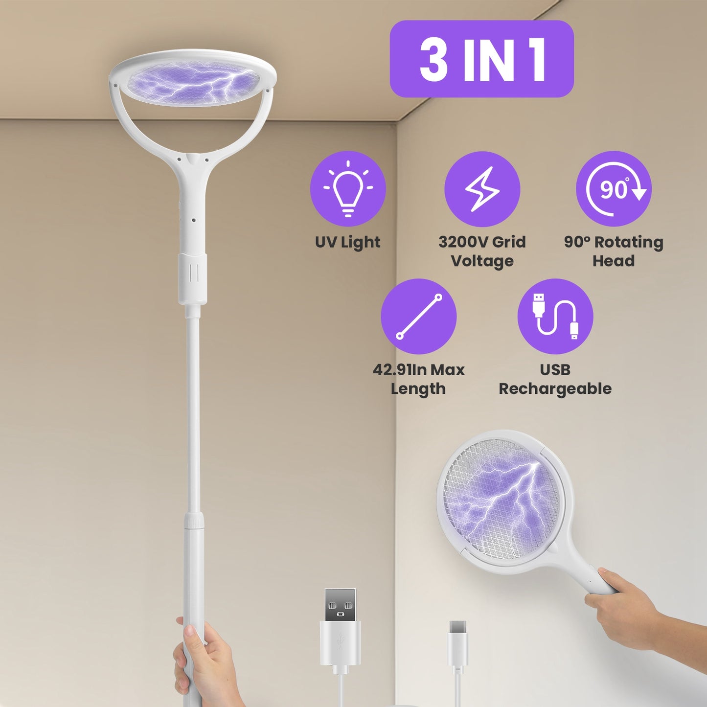 Electric Bug Zapper Racket with Rotating Head & Telescopic Extension - Indoor Outdoor Mosquito Swatter