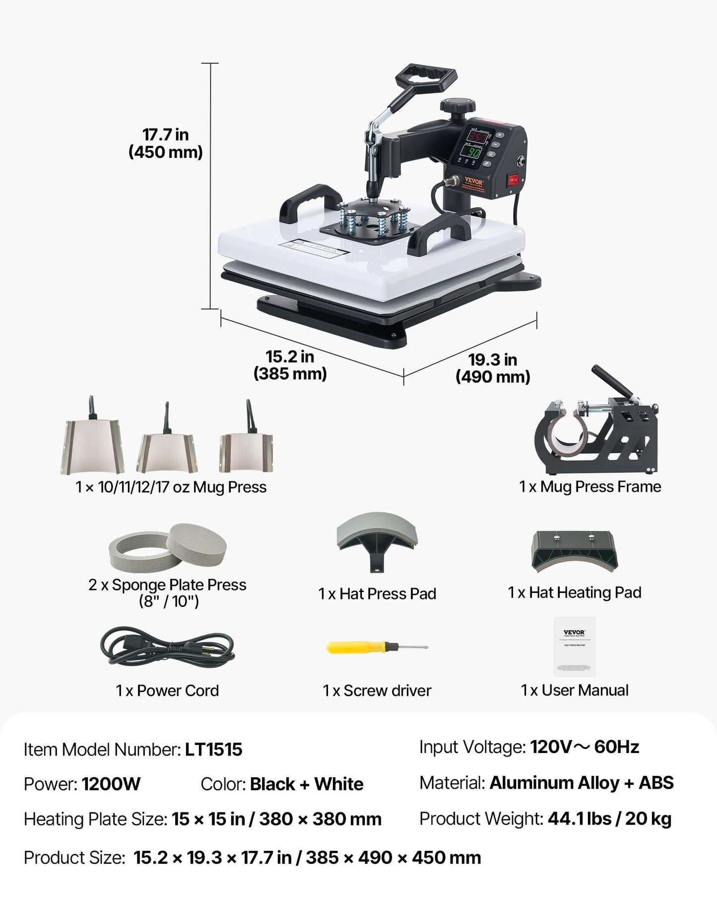 15x15 Inch Multifunction Heat Press Machine with Digital Control - Black