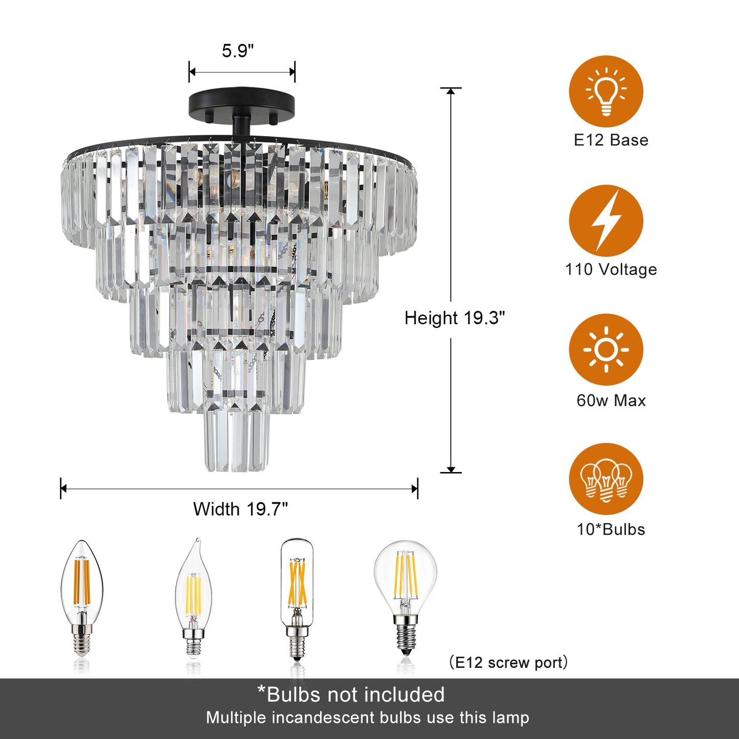 Modern Black Crystal Chandelier - 10-Light Flush Mount Fixture