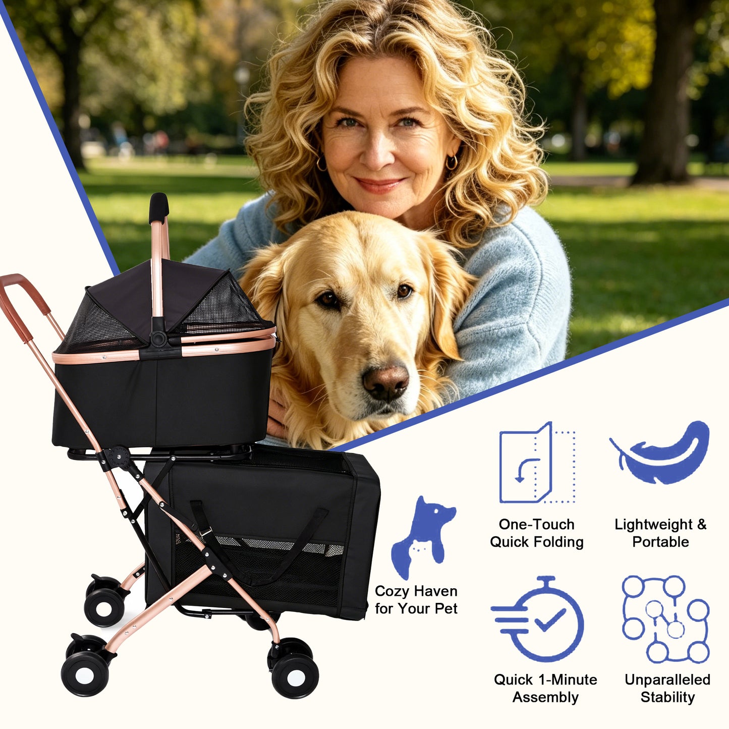 Double Pet Stroller 3-in-1 Foldable Carrier for Small & Medium Dogs Cats - Shockproof Wheels & Safety Leashes