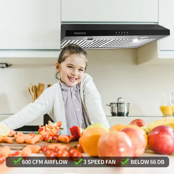 30 Inch Under Cabinet Range Hood with 3-Speed 600CFM Vent and LED Lighting - Silver/Black