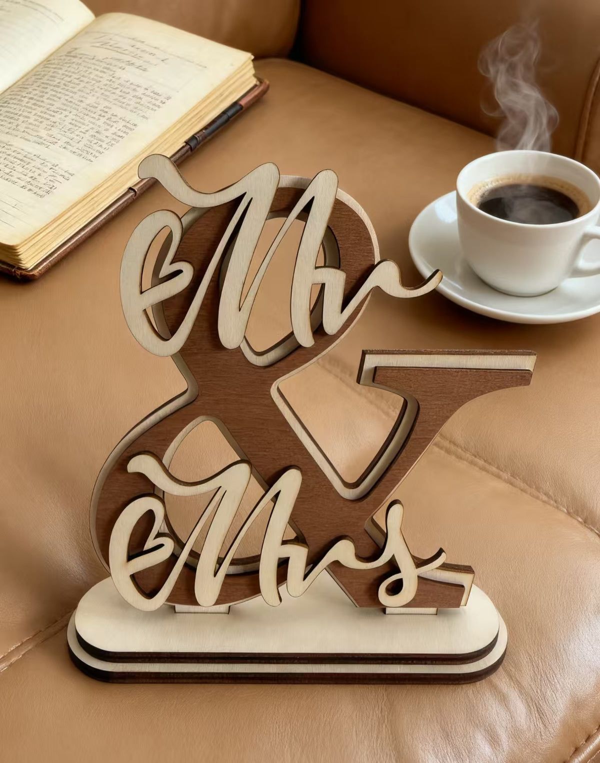 Personalized Wooden Ampersand & Mr Mrs Wedding Table Sign Custom Engraved Couple Names & Date