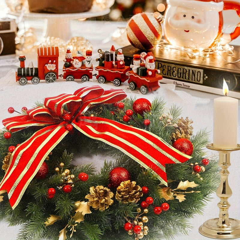 Christmas Artificial Flower Wreath with Striped Bow - 45cm Holiday Decor