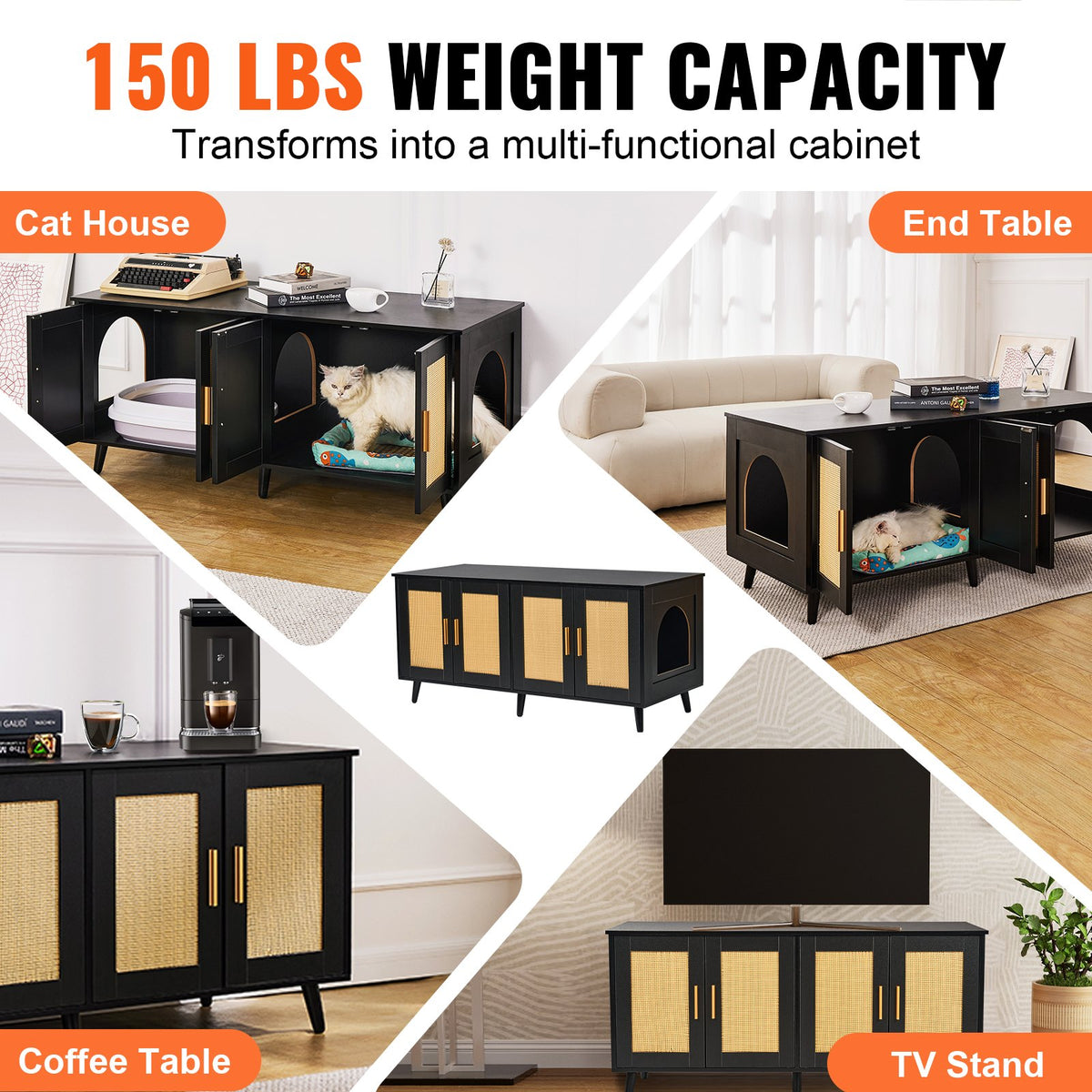 Wooden Cat Litter Box Enclosure with Hidden Design & 2 Rooms - Black