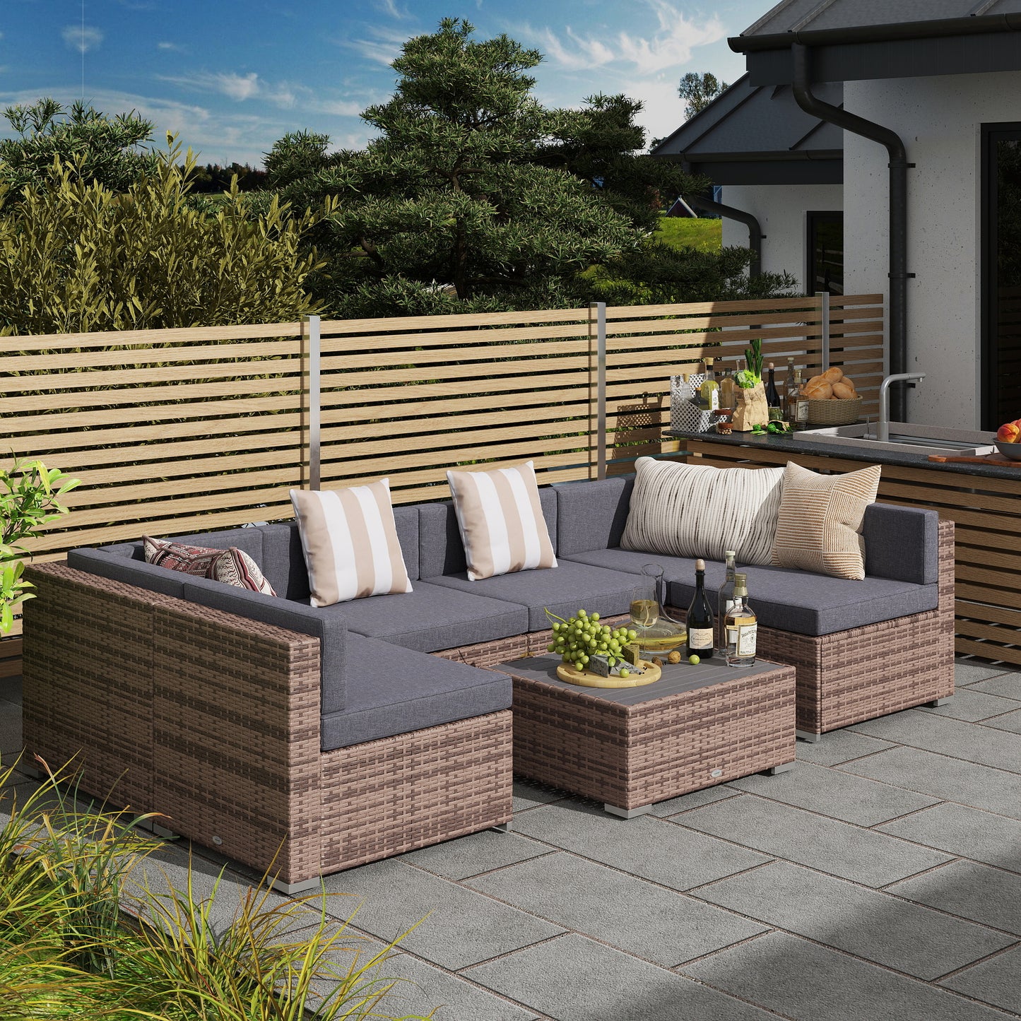 7-Piece Gray Rattan Outdoor Sectional Sofa Set with Cushions