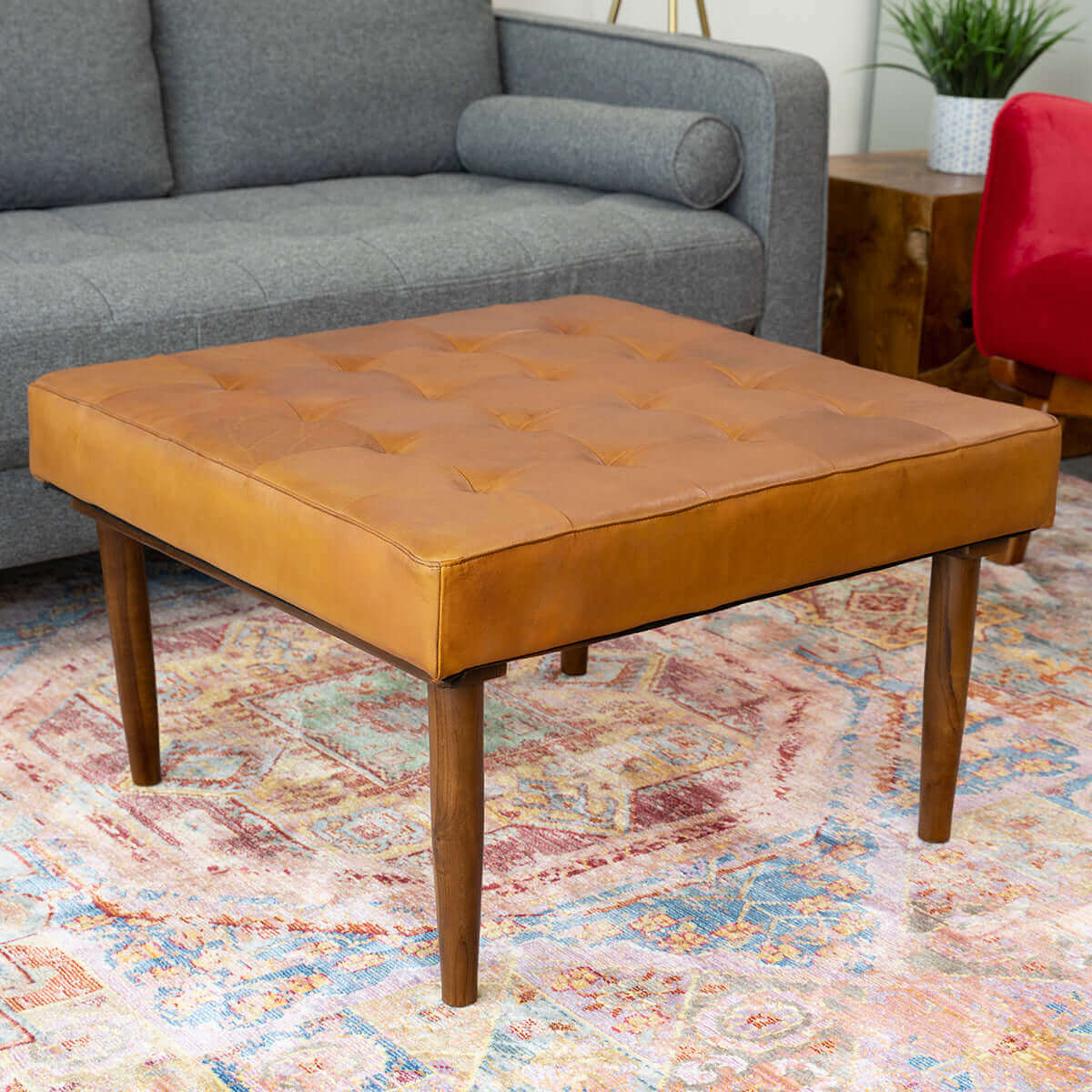 Mark Mid-Century Tufted Square Genuine Leather Upholstered Ottoman In