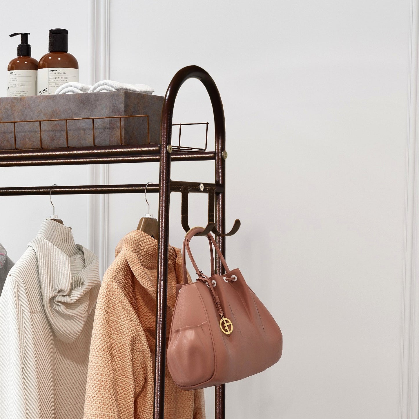 Heavy Duty Freestanding Clothing Rack with Double Shelves - Brown