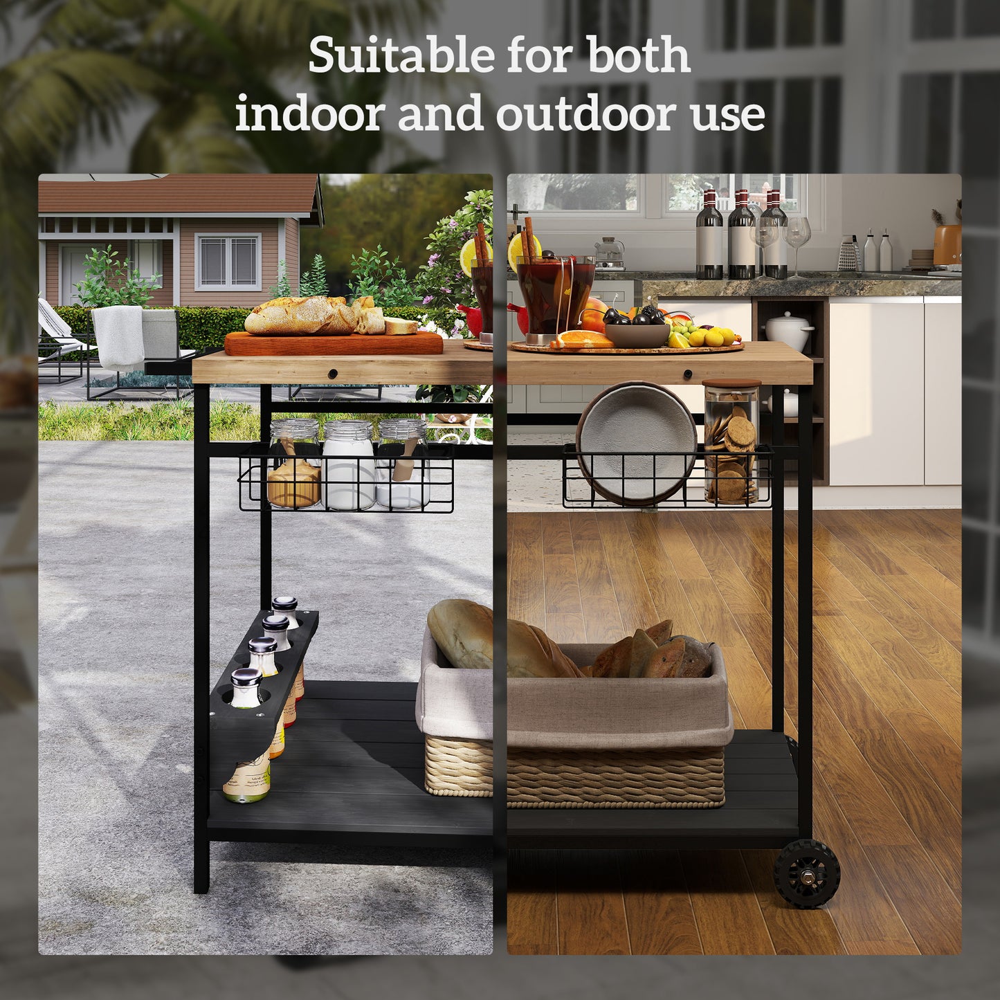 Outdoor Bar Cart with Wine Holders - Natural Wood