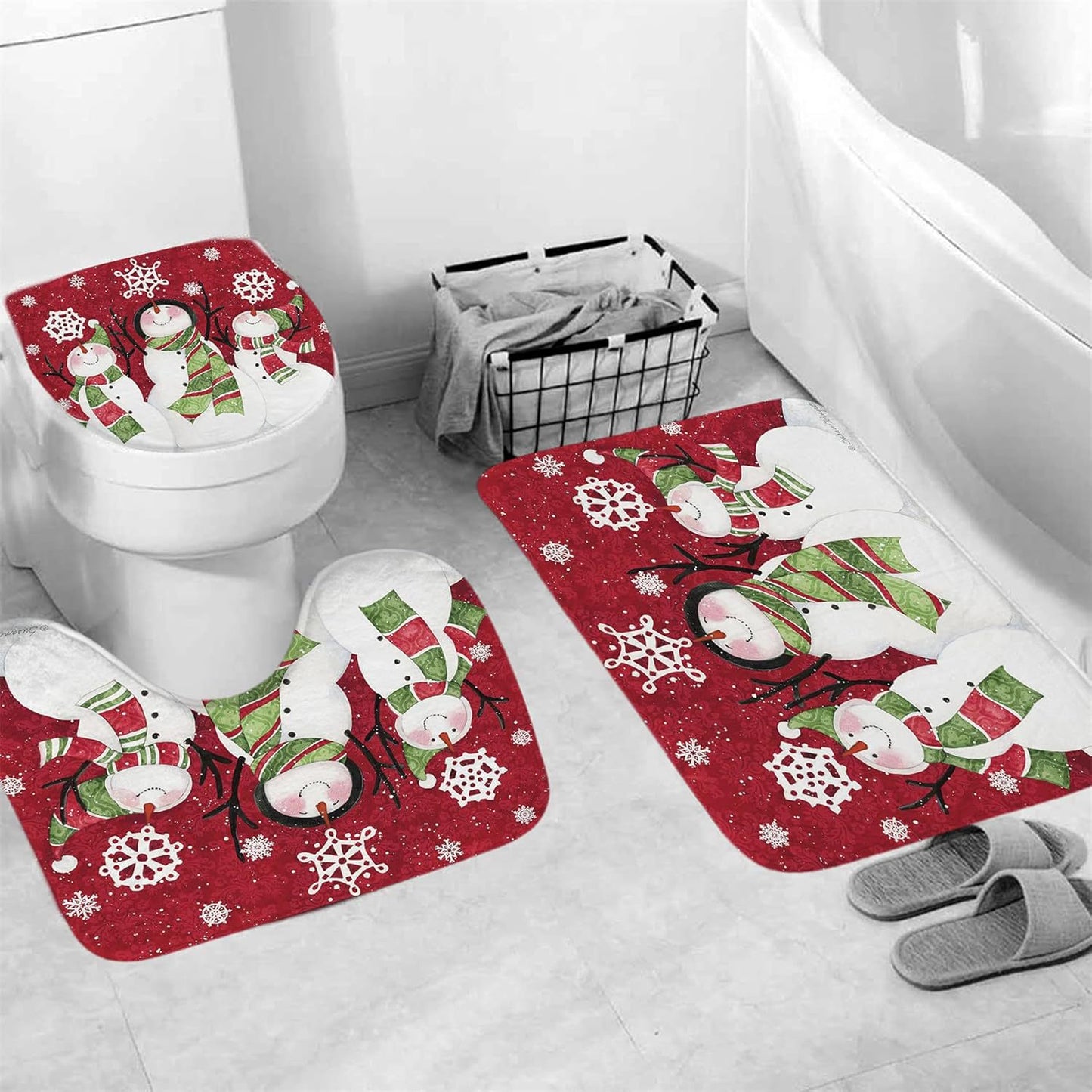 Christmas Shower Curtain Set with Non-slip Bath Mat and Toilet Lid Cover - Snowman Snowflake Decor